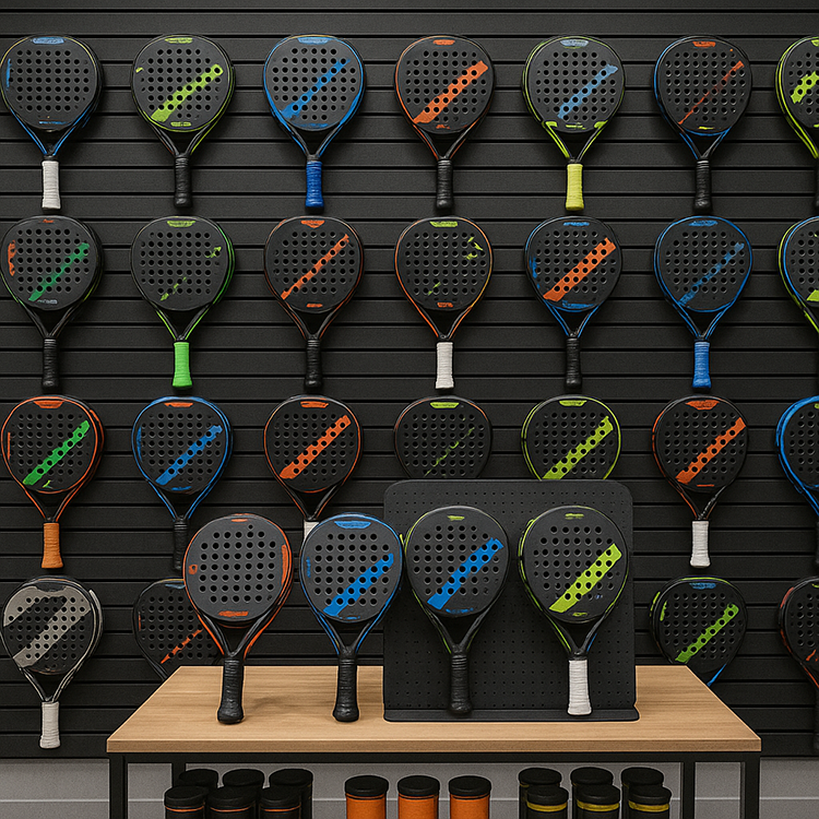 Exposición de palas en panel lama con disposición profesional